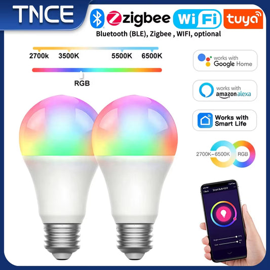 TNCE Tuya E27 Bulb Bluetooth/Wifi/Zigbee, Dimmable Light LED Lamp 2700-6500K RGB, Smart Life APP, Voice with Alexa Google Home
